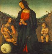 PERUGINO, Pietro Madonna, an Angel and Little St John Adoring the Child (Madonna del sacco) R oil painting on canvas